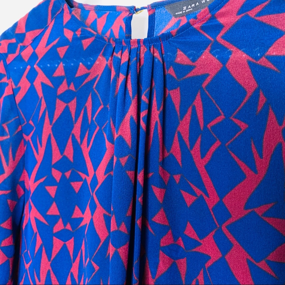 Zara Fitted Mini Geometric Blue Long Sleeve Dress Small - Picture 3 of 7
